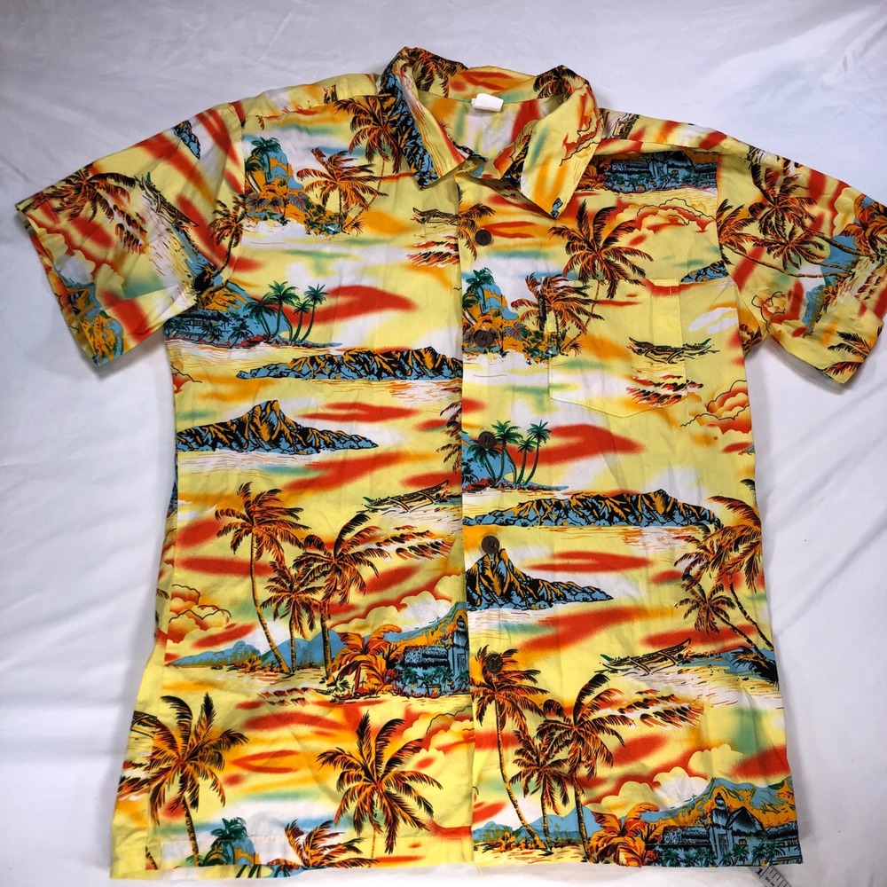 Palmwave Hawaii Mens Cotton Tropical Aloha Shirt Yellow C90-A8845 Medium